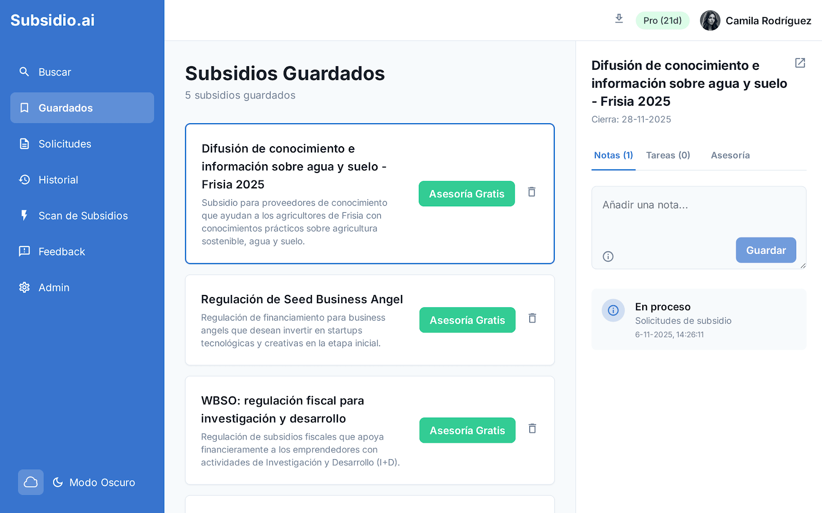 Organización de subsidios y programas guardados por tipo
